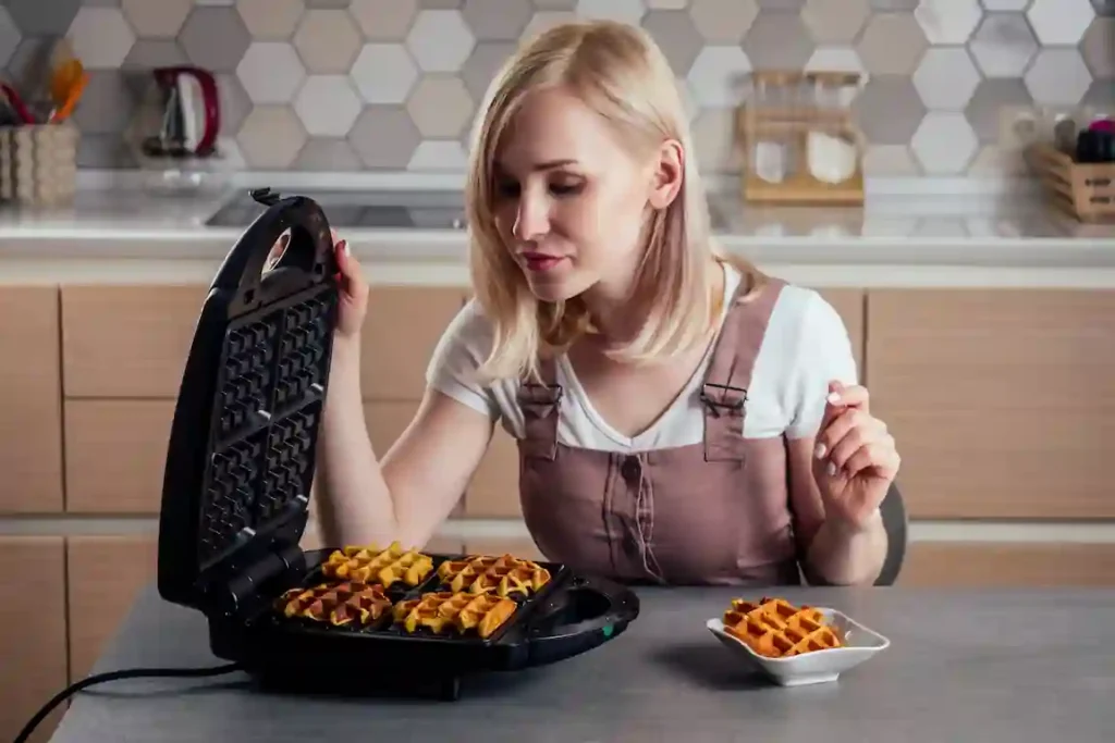 woman taking fresh wafers out of waffle maker