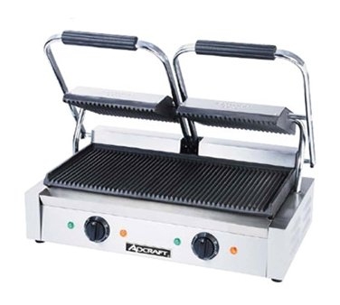Adcraft SG-813 Double Electric Sandwich / Panini Grill w/ Cast Iron Grooved Plates, Oil Tray - Open box