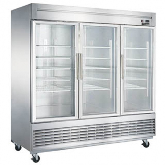 Dukers Appliance Co D83R-GS3 Three Section Reach-In Refrigerator w/ 3 Glass Doors, Bottom Mount, Stainless Steel, 65 cu. ft.