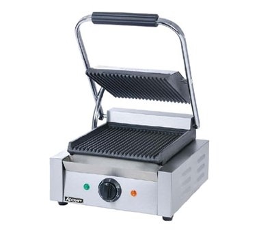 Adcraft SG-811 Single Electric Sandwich / Panini Grill w/ Cast Iron Grooved Plates, Oil Tray