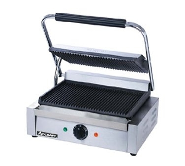 Adcraft SG-811E Single Electric Sandwich / Panini Grill w/ Cast Iron Grooved Plates, Oil Tray