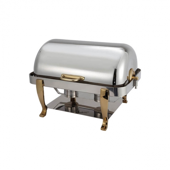 Winco 108A Vintage Series Full-Size Rectangular Chafer w/ 8 Qt. Capacity, Roll-Top Cover, Gold-Plated Handles