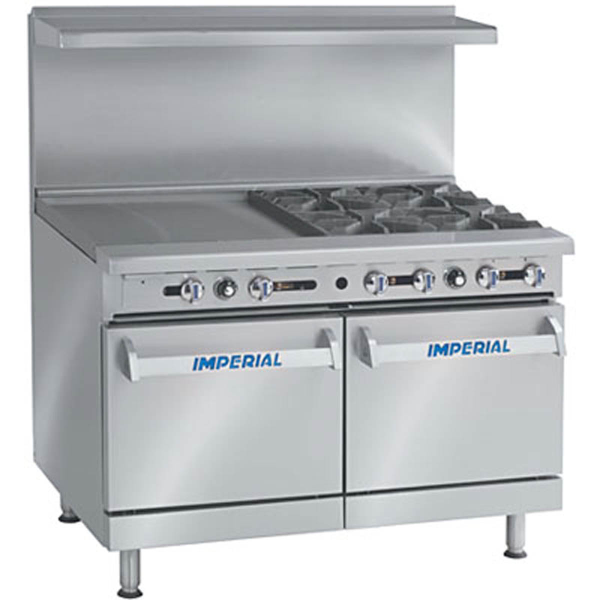 Imperial IR-4-G24 48″ Gas Restaurant Range, (2) Standard / Space Saver Ovens, (4) Open Burners, (1) 24″ Griddle