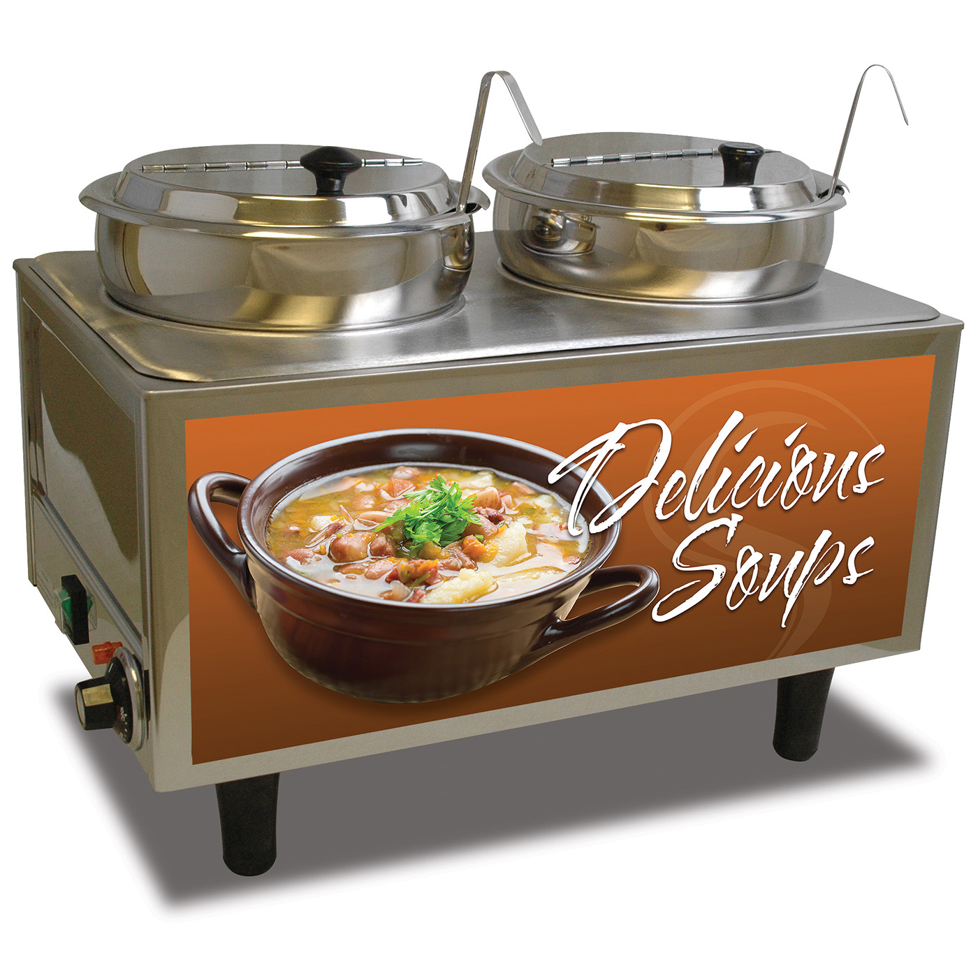 Winco 51072S 21″ Countertop Electric Soup Station Warmer w/ (2) 7-Qt. Wells, Hinged Inset Lids
